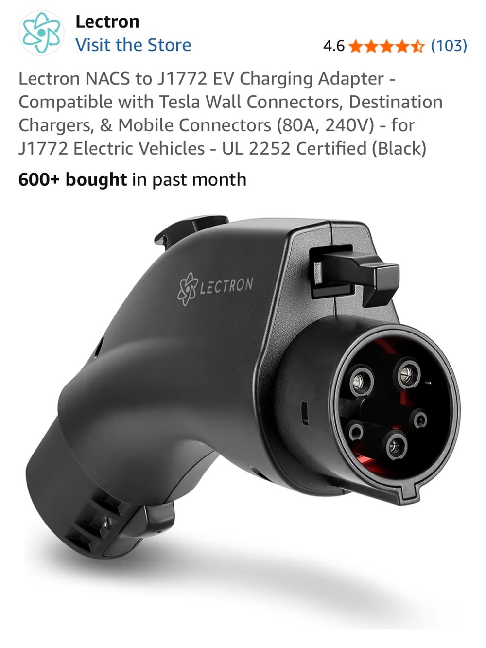 Lectron Black Tesla to J1772 Charging Adapter - Max 48A 240V